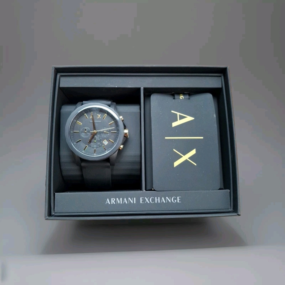 Armani Exchange Men's Watch Outerbanks Chrono Silicone Black/Gold, AX7105, New